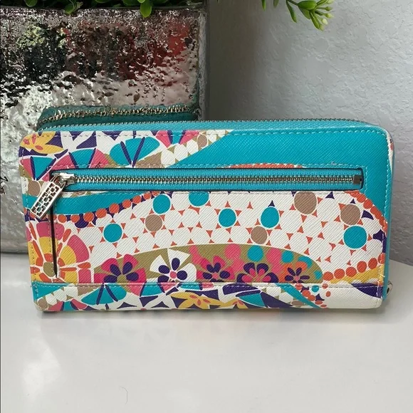 Trina Turk Zip Around Continental Vegan Wallet Colorful Geometric Turquoise - Picture 2 of 10